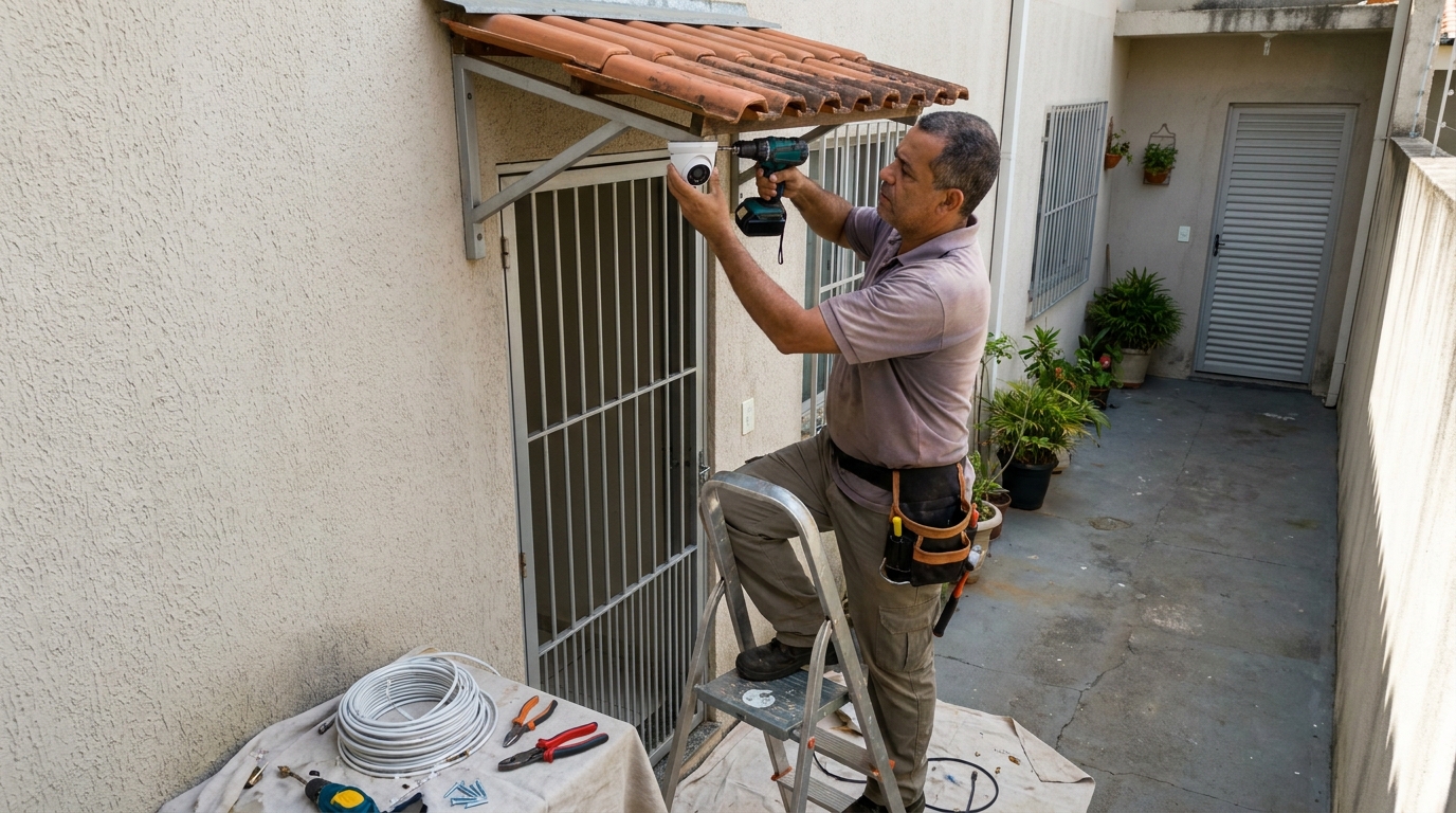 Eletricista instalando cameras de seguranca em Uberlândia‑MG