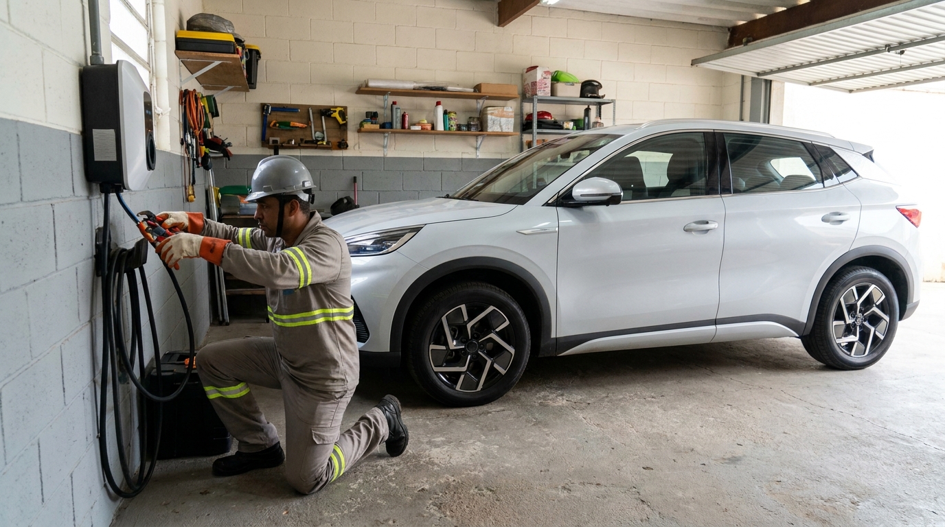 Eletricista instalando carregador de carro eletrico em Uberlândia‑MG