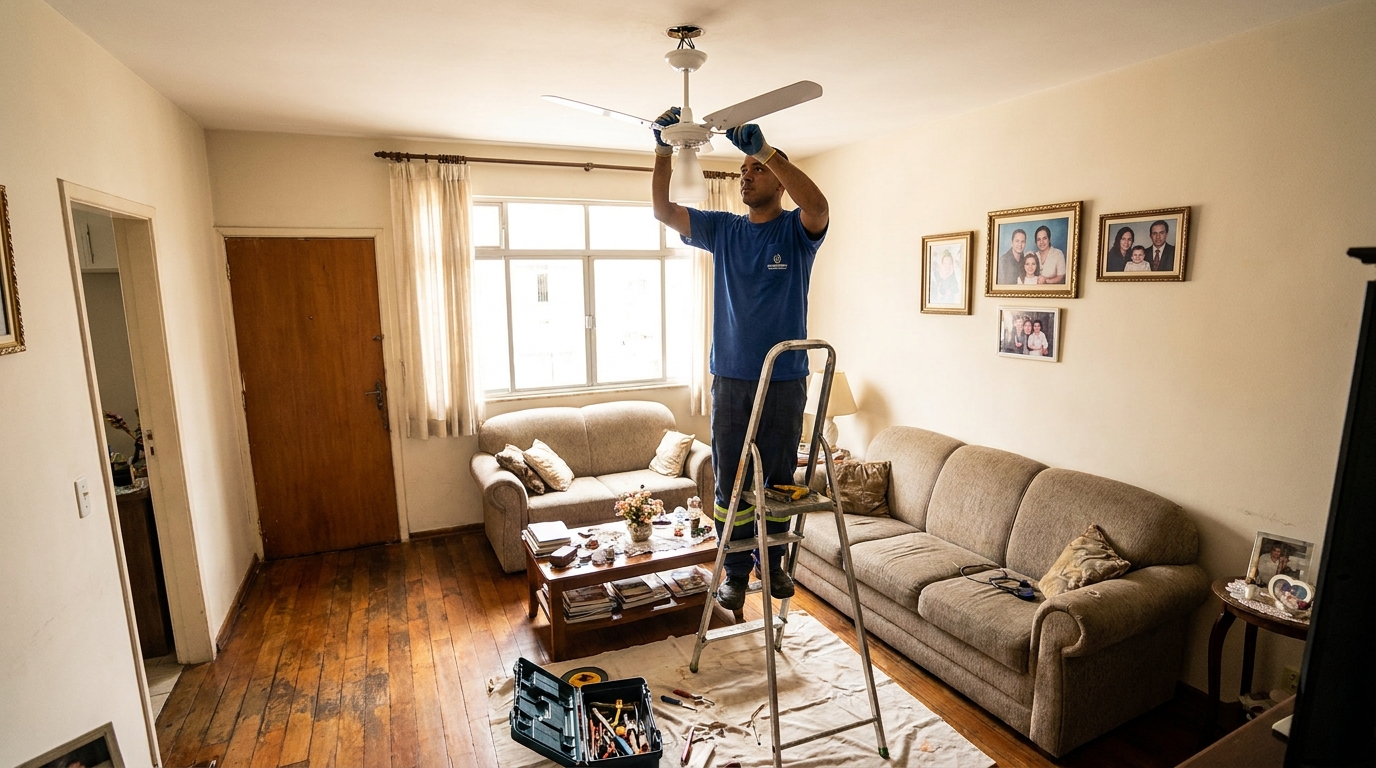 Eletricista instalando ventilador de teto em Uberlândia‑MG